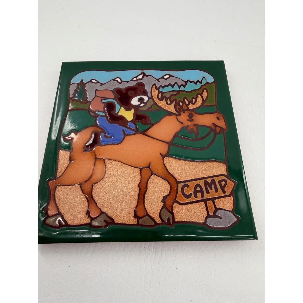 Masterworks Ceramic Tile Trivet 6in Green Bear Riding Moose Vintage Art Decor